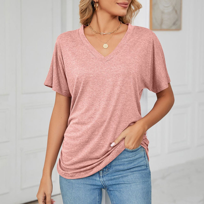 New Casual Pullover V-Neck Solid Color Loose Ladies Tops
