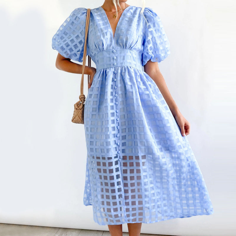Square Patterned Fabric Puff Sleeve Dress