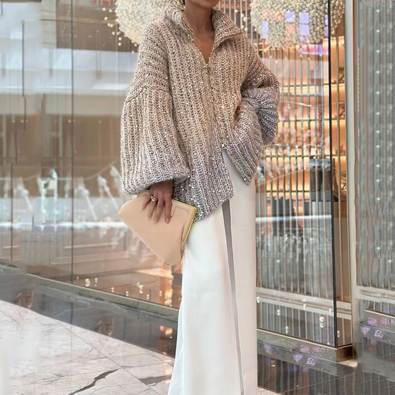 Knitted Sweater Jacket With Monochromatic Sequins