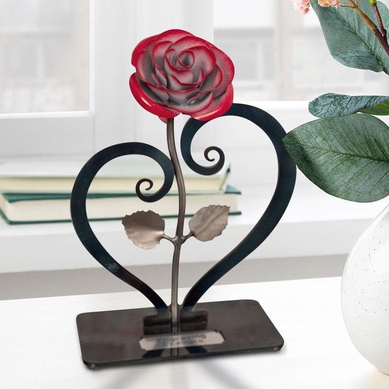 Metal Rose with Heart-Shaped Stand