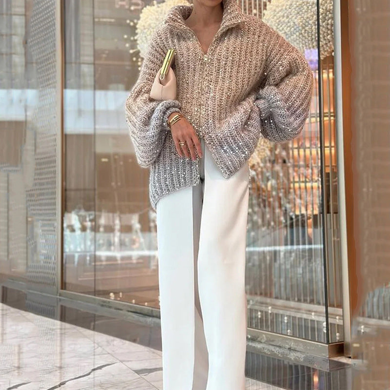 Knitted Sweater Jacket With Monochromatic Sequins