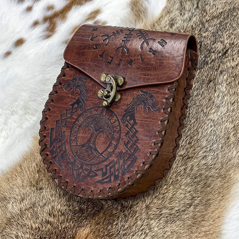 Vintage Medieval Nordic Embossed Leather Belt Bag
