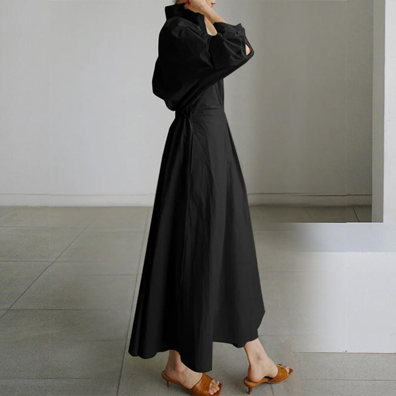Women's Solid Lapel Long Sleeve Casual Dress