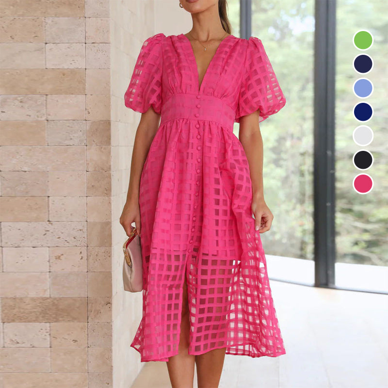 Square Patterned Fabric Puff Sleeve Dress